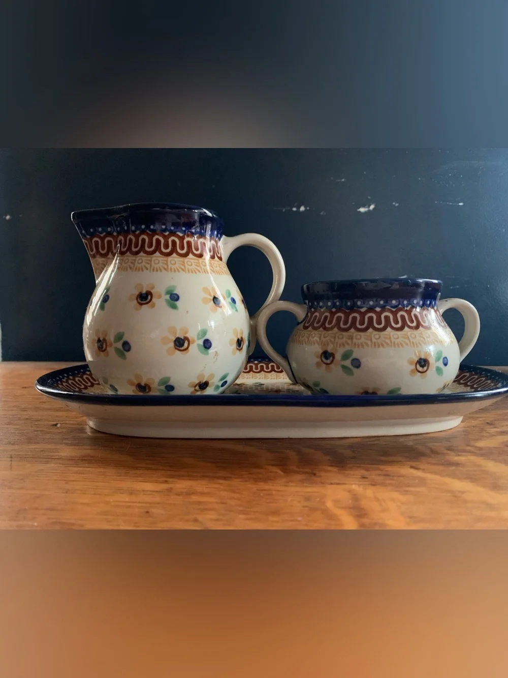 Hand-Painted Floral Ceramic Creamer & Sugar Set in Cream and Blue Polish Pottery